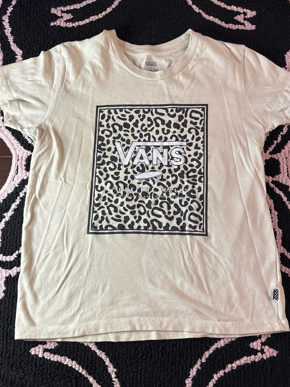 Vans Cream Short Sleeve Tee with Black Leopard Print Box Logo